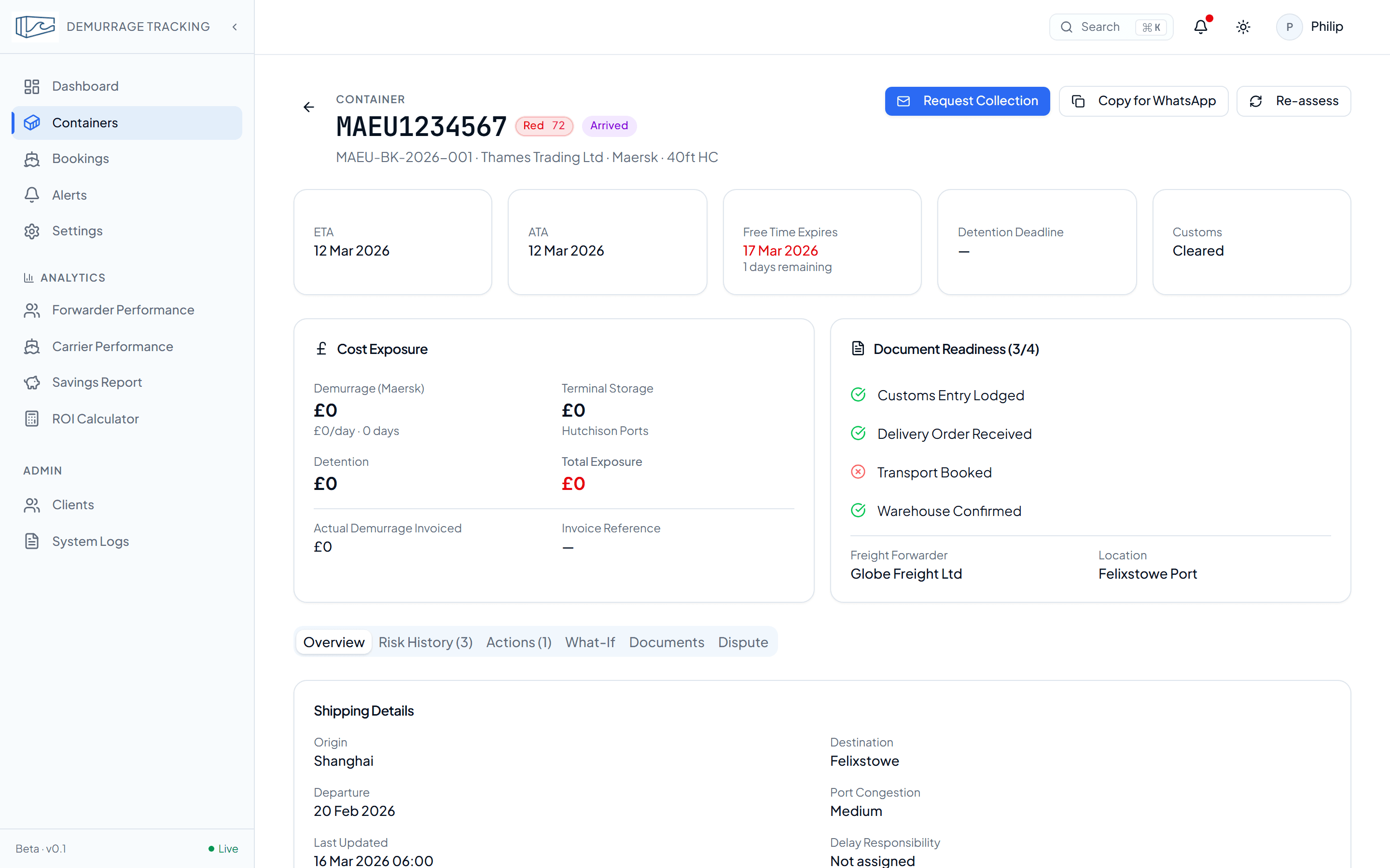 Single container detail page with risk score, cost exposure, and document readiness checklist.