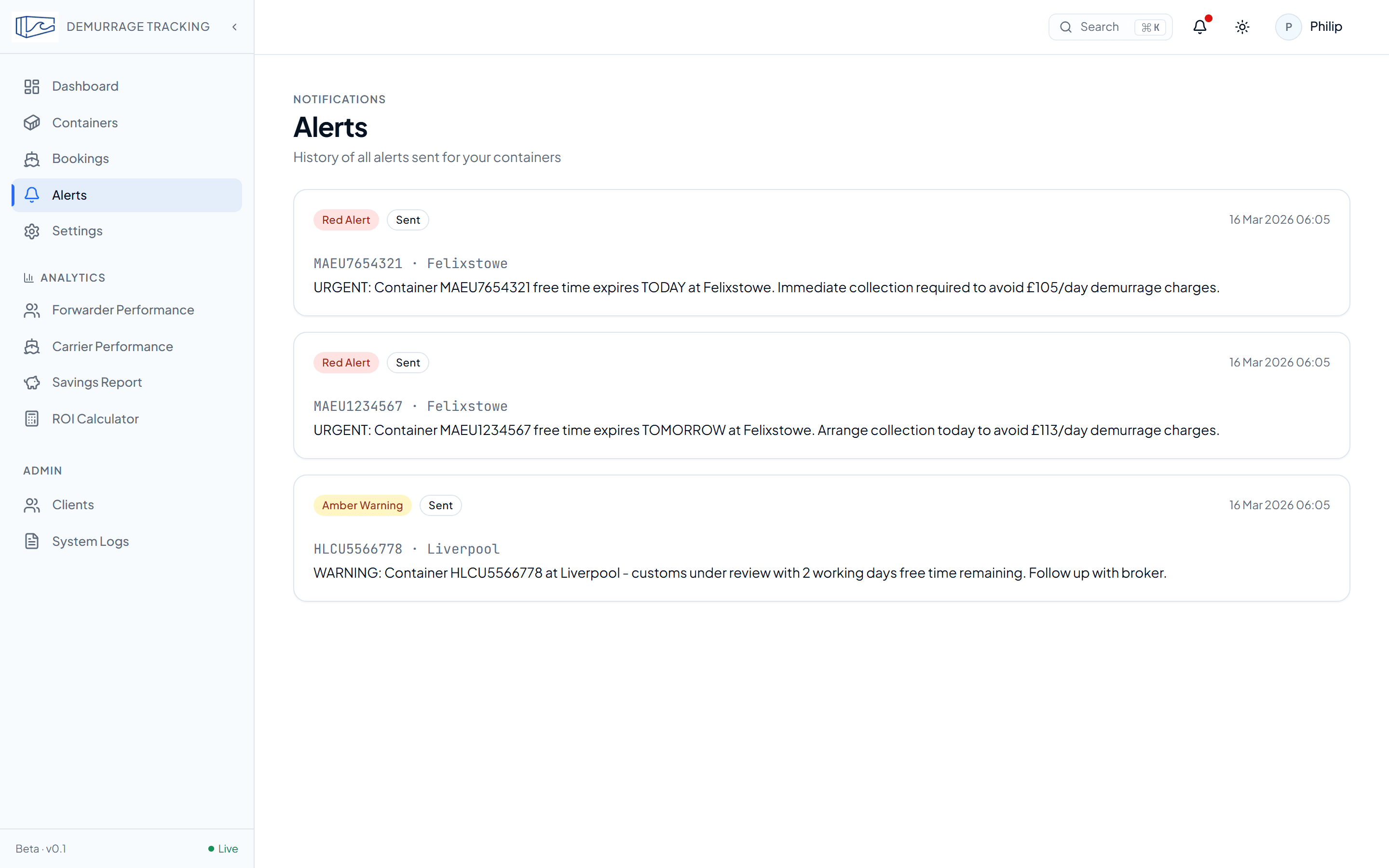 Alert history showing red and amber free-time warnings for containers at Felixstowe and Liverpool.